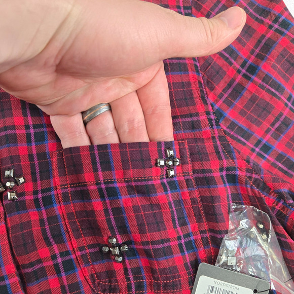 Halogen Embellished Plaid Button Down Shirt Red Jewel Detail Flannel Size Medium - Picture 8 of 12